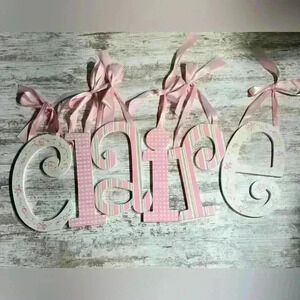 Pottery Barn sign white, pink, & green spells Claire bedroom decor‎